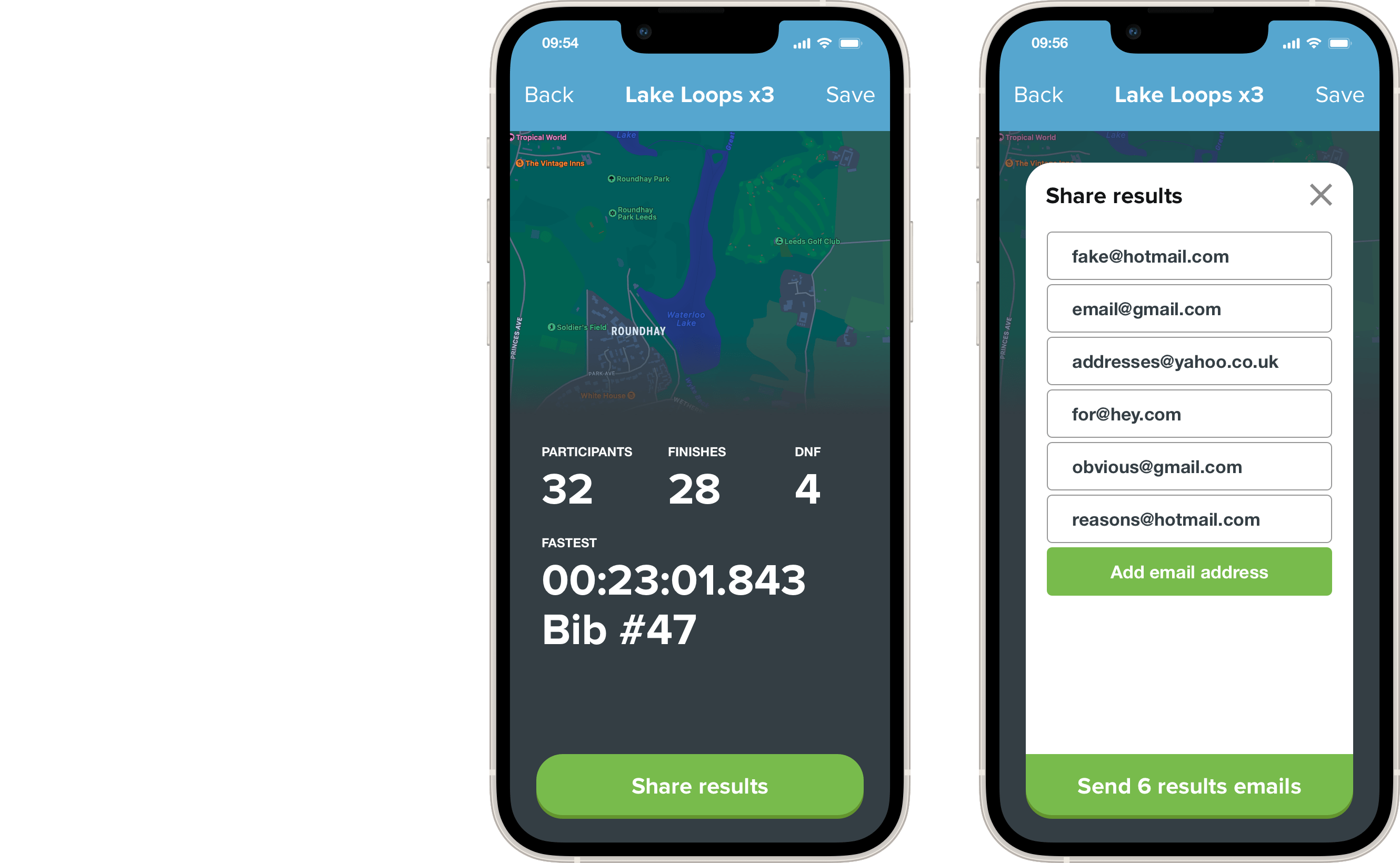 Screenshots showing the Race Timer iOS App